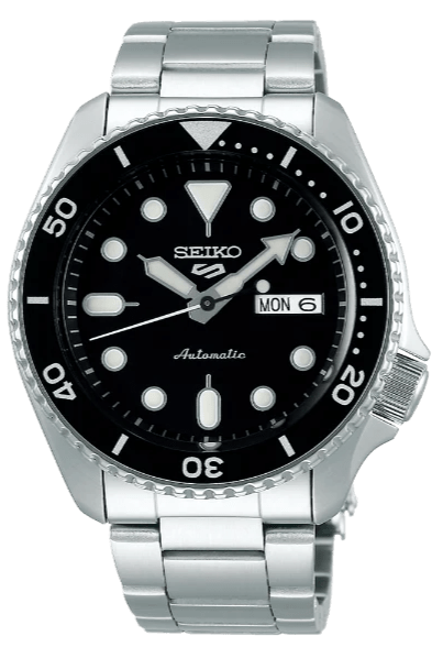 Seiko 5 Sports Automatic Day Date Black Dial Silver Steel Strap Watch for Men - SRPD55K1