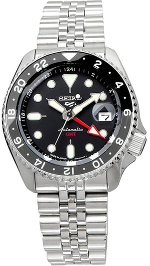 Seiko 5 Sports Automatic GMT Black Dial Silver Steel Strap Watch For Men - SSK001K1