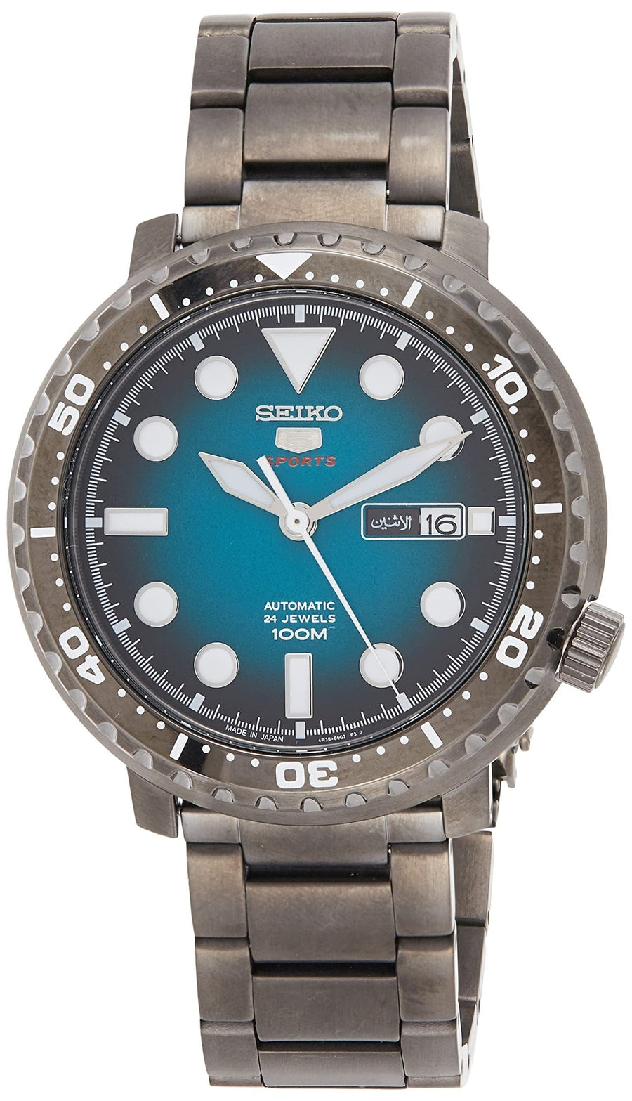 Seiko 5 Sports Automatic Turquoise Dial Grey Steel Strap Watch for Men - SRPC65J1
