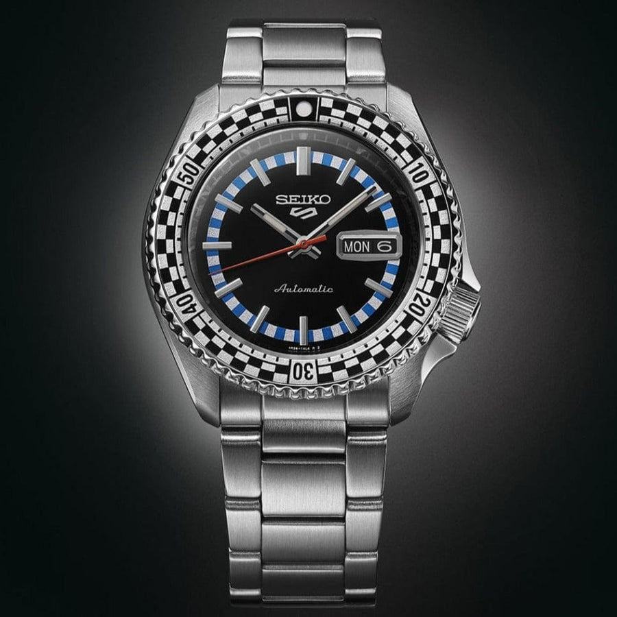 Seiko 5 Sports Checker Flag Special Edition Black Dial Silver Steel Strap Watch For Men - SRPK67K1