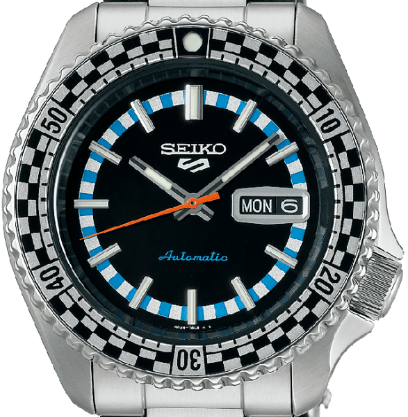 Seiko 5 Sports Checker Flag Special Edition Black Dial Silver Steel Strap Watch For Men - SRPK67K1