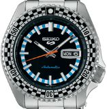 Seiko 5 Sports Checker Flag Special Edition Black Dial Silver Steel Strap Watch For Men - SRPK67K1