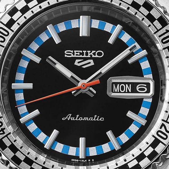 Seiko 5 Sports Checker Flag Special Edition Black Dial Silver Steel Strap Watch For Men - SRPK67K1