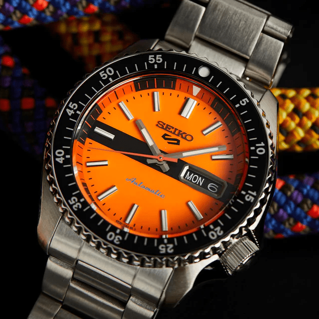 Seiko 5 Sports Double Hurricane Retro Orange Dial Silver Steel Strap Watch For Men - SRPK11K1