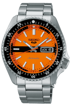 Seiko 5 Sports Double Hurricane Retro Orange Dial Silver Steel Strap Watch For Men - SRPK11K1