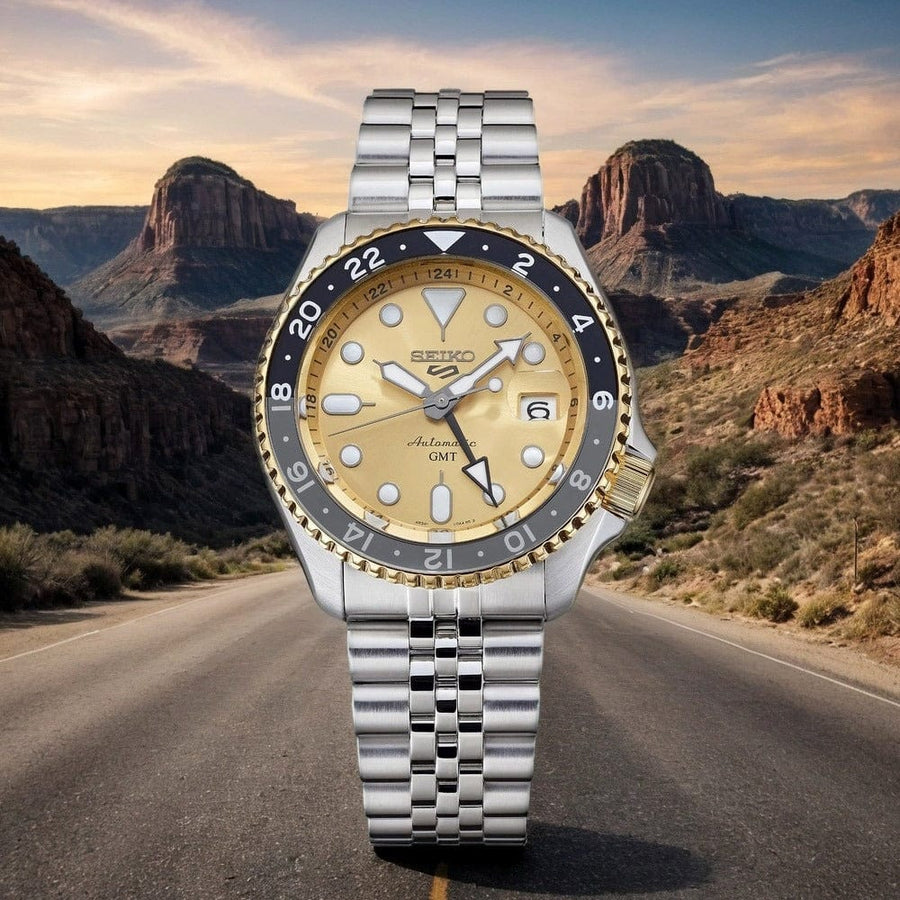 Seiko 5 Sports GMT Automatic 70th Anniversary Taiwan Limited Edition Gold Dial Silver Steel Strap Watch For Men - SSK044K1