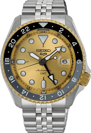 Seiko 5 Sports GMT Automatic 70th Anniversary Taiwan Limited Edition Gold Dial Silver Steel Strap Watch For Men - SSK044K1