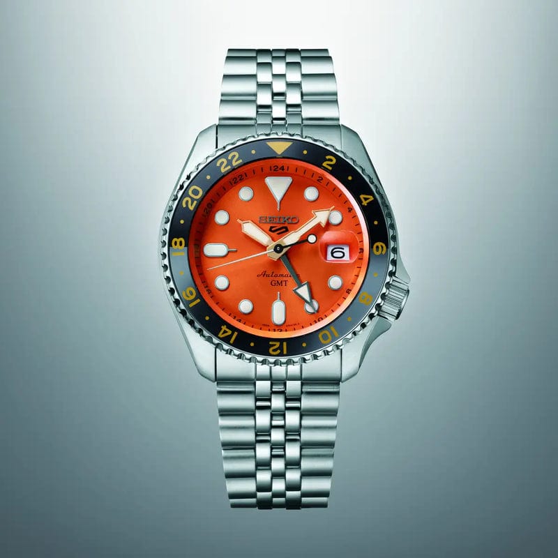 Seiko 5 Sports GMT Automatic Orange Dial Silver Steel Strap Watch For Men - SSK005K1
