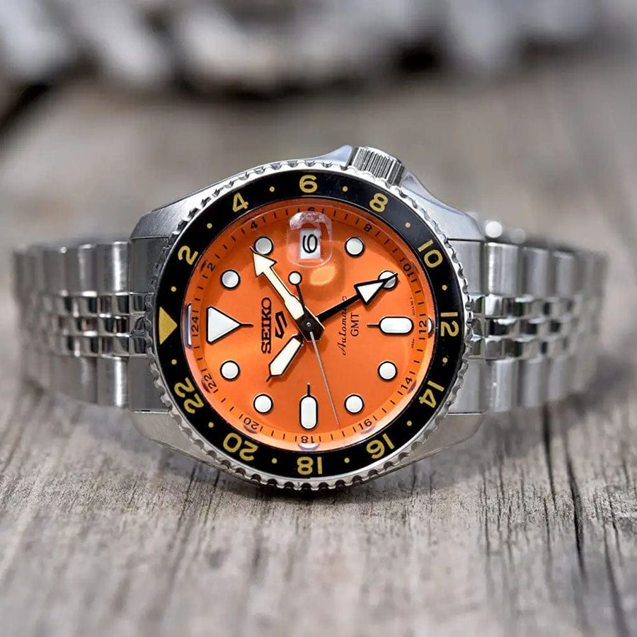 Seiko 5 Sports GMT Automatic Orange Dial Silver Steel Strap Watch For Men - SSK005K1