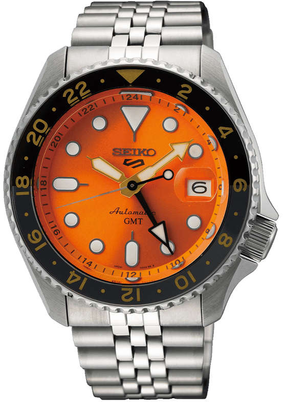 Seiko 5 Sports GMT Automatic Orange Dial Silver Steel Strap Watch For Men - SSK005K1