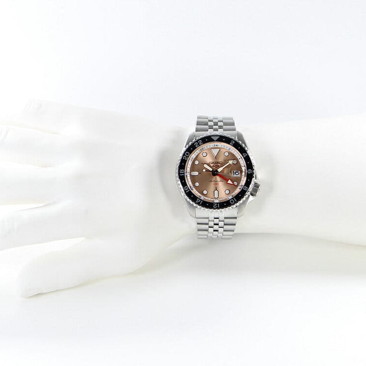 Seiko 5 Sports GMT Thong Sia Limited Edition Brown Dial Silver Steel Strap Watch for Men - SSK043K1