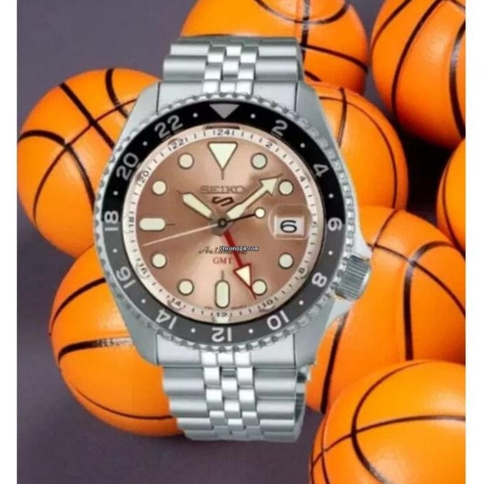 Seiko 5 Sports GMT Thong Sia Limited Edition Brown Dial Silver Steel Strap Watch for Men - SSK043K1