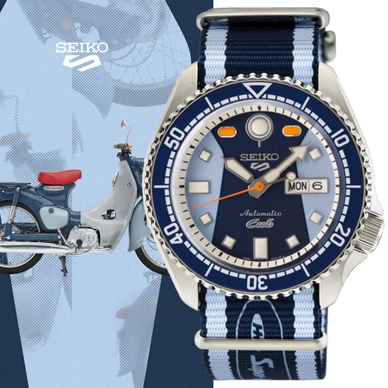 Seiko 5 Sports Honda Super Cub Limited Edition Blue Dial Two Tone NATO Strap Watch For Men - SRPK37K1