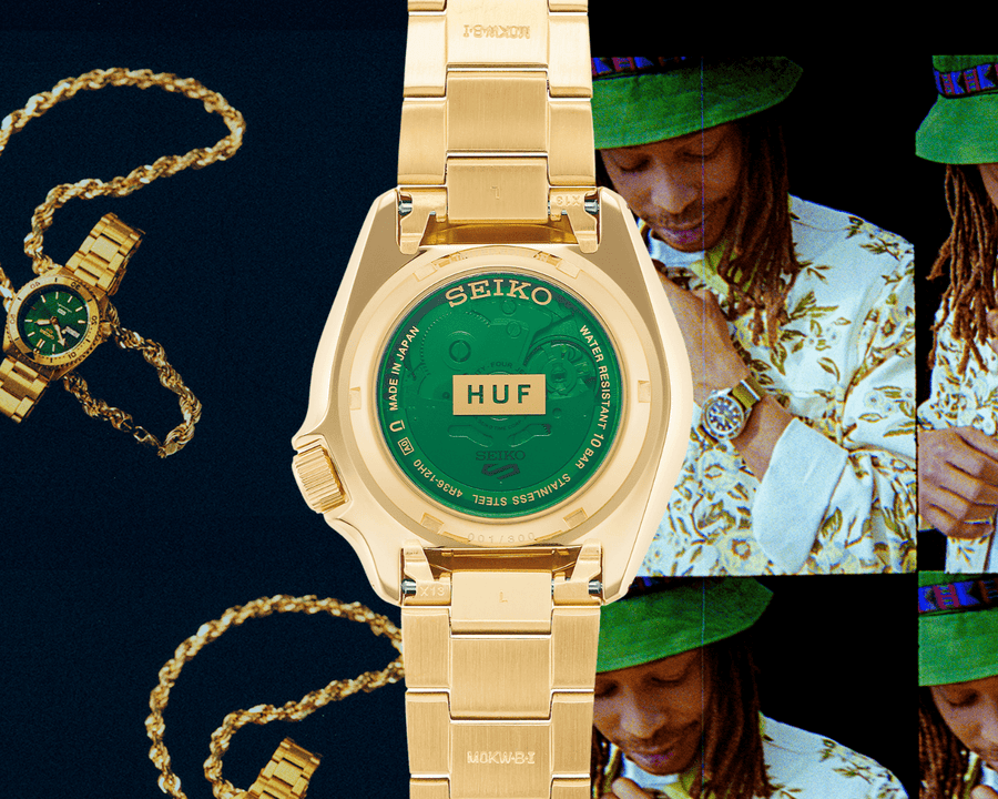 Seiko 5 Sports HUF Limited Edition Green Dial Gold Steel Strap Watch For Men - SRPJ20