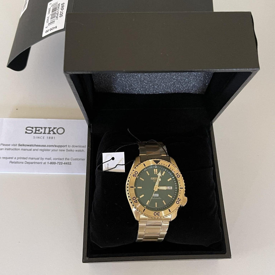 Seiko 5 Sports HUF Limited Edition Green Dial Gold Steel Strap Watch For Men - SRPJ20