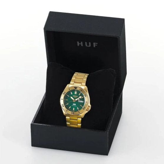 Seiko 5 Sports HUF Limited Edition Green Dial Gold Steel Strap Watch For Men - SRPJ20