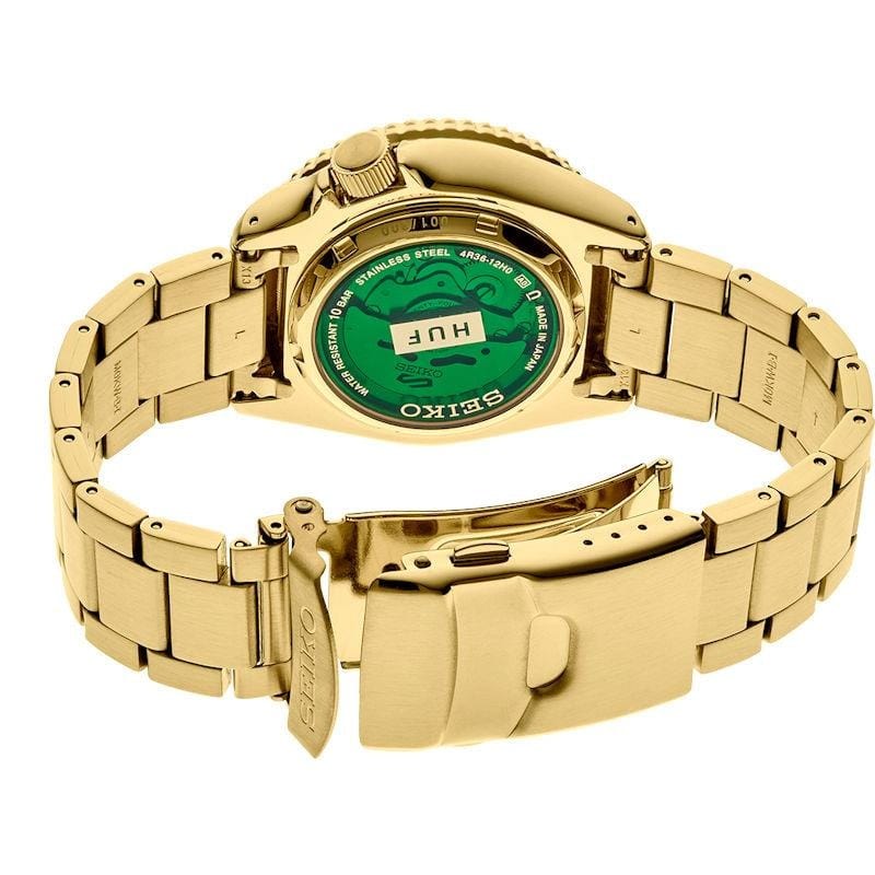 Seiko 5 Sports HUF Limited Edition Green Dial Gold Steel Strap Watch For Men - SRPJ20