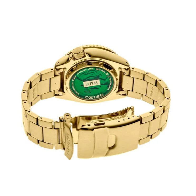 Seiko 5 Sports HUF Limited Edition Green Dial Gold Steel Strap Watch For Men - SRPJ20