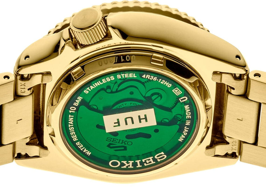 Seiko 5 Sports HUF Limited Edition Green Dial Gold Steel Strap Watch For Men - SRPJ20