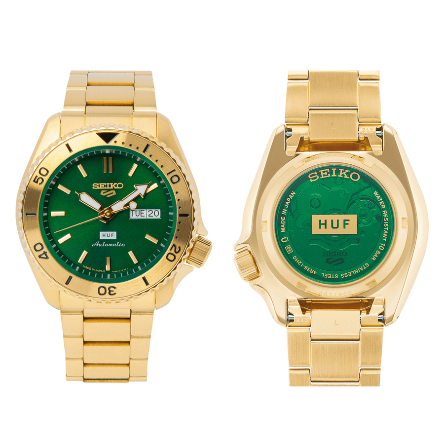 Seiko 5 Sports HUF Limited Edition Green Dial Gold Steel Strap Watch For Men - SRPJ20