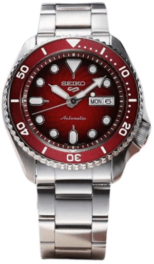 Seiko 5 Sports Mechanical Limited Edition Red Dial Silver Steel Strap Watch For Men - SRPK63K1