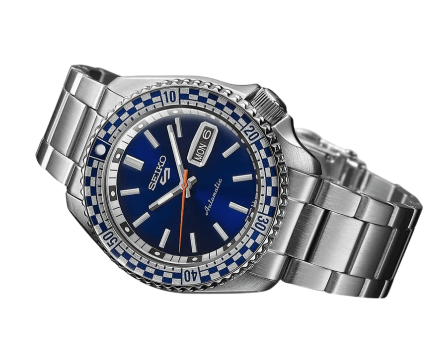Seiko 5 Sports Petrol Blue Checker Flag Special Edition Blue Dial Silver Steel Strap Watch For Men - SRPK65K1