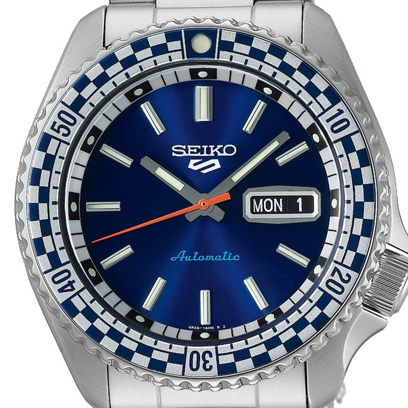 Seiko 5 Sports Petrol Blue Checker Flag Special Edition Blue Dial Silver Steel Strap Watch For Men - SRPK65K1