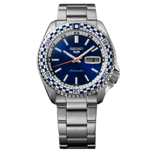 Seiko 5 Sports Petrol Blue Checker Flag Special Edition Blue Dial Silver Steel Strap Watch For Men - SRPK65K1