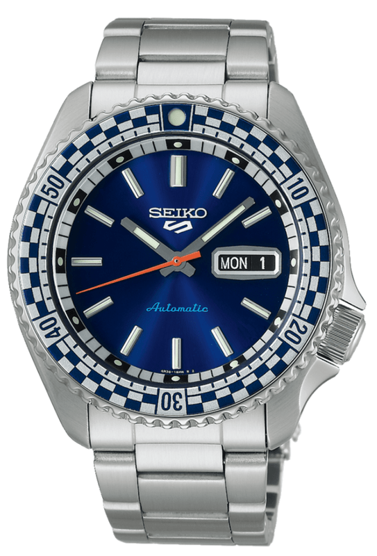 Seiko 5 Sports Petrol Blue Checker Flag Special Edition Blue Dial Silver Steel Strap Watch For Men - SRPK65K1
