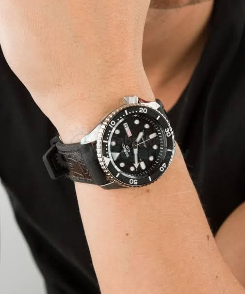 Seiko 5 Sports SKX Automatic Black Dial Black Leather Strap Watch for Men - SRPD55K2