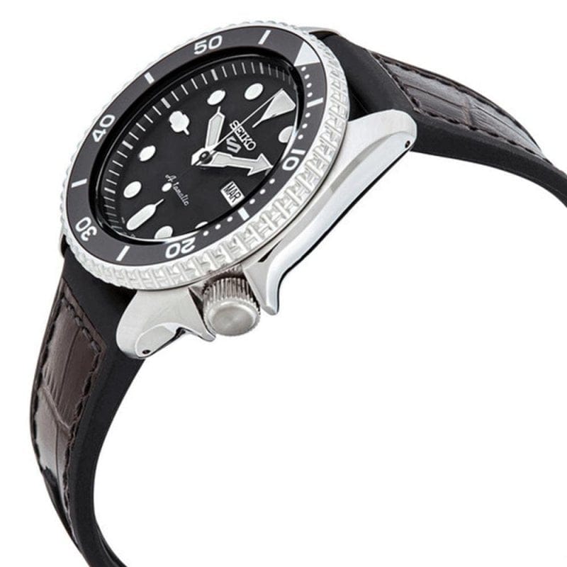 Seiko 5 Sports SKX Automatic Black Dial Black Leather Strap Watch for Men - SRPD55K2