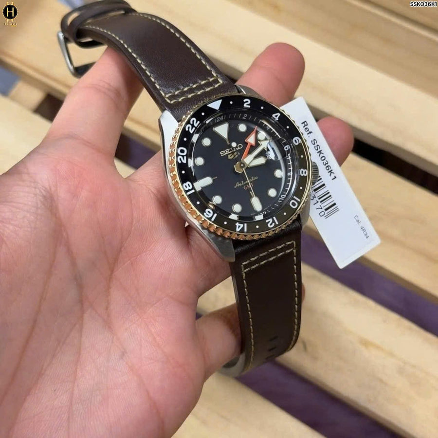 Seiko 5 Sports SKX GMT Automatic Mocha Black Dial Brown Leather Strap Watch For Men - SSK036K1
