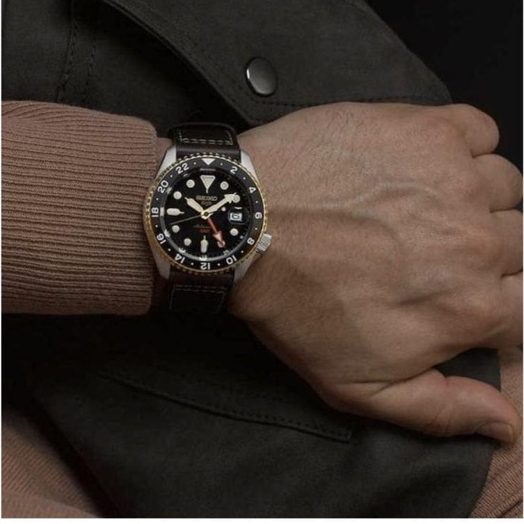 Seiko 5 Sports SKX GMT Automatic Mocha Black Dial Brown Leather Strap Watch For Men - SSK036K1