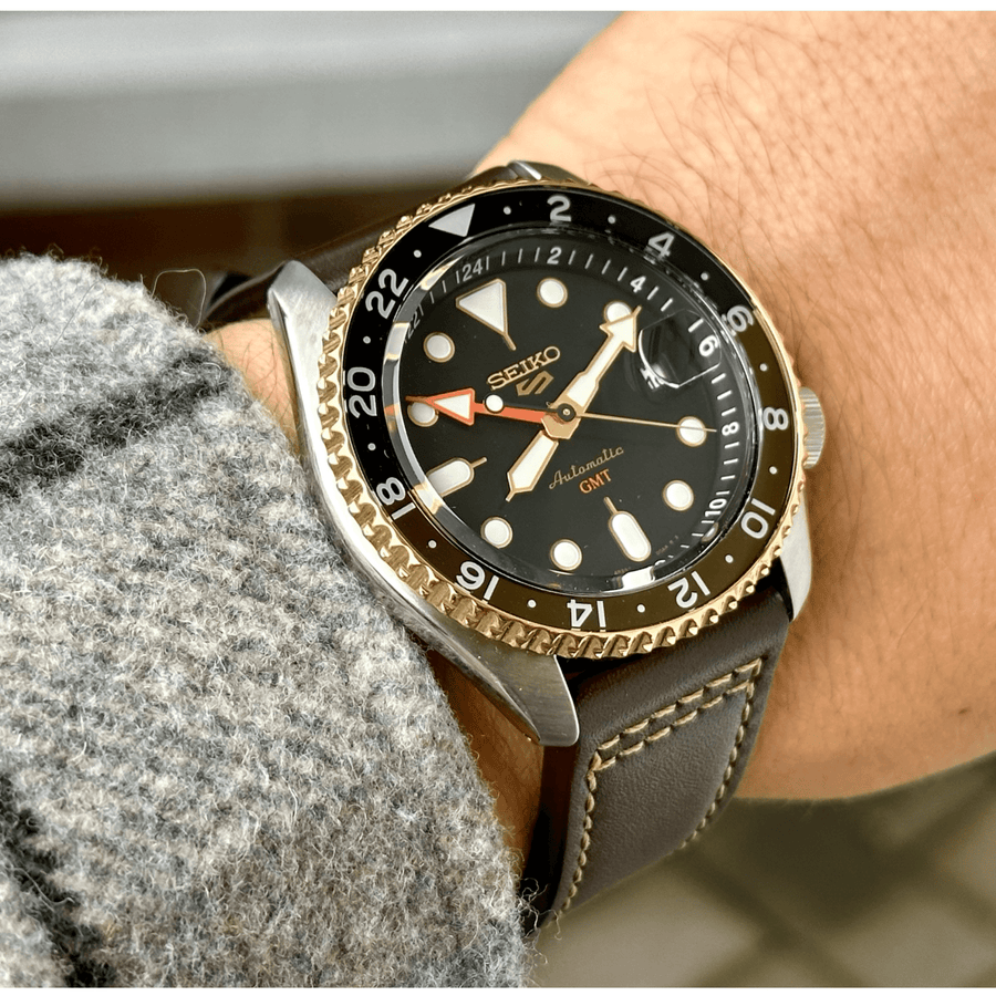 Seiko 5 Sports SKX GMT Automatic Mocha Black Dial Brown Leather Strap Watch For Men - SSK036K1