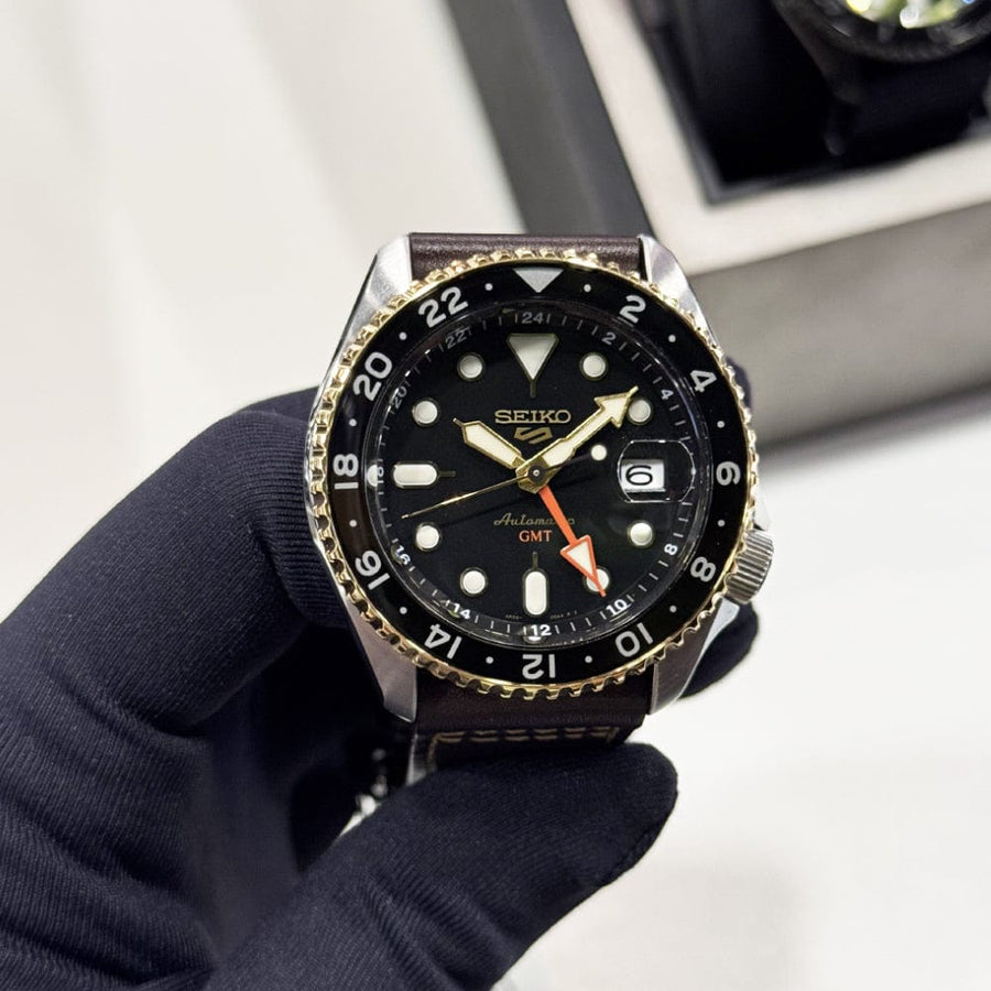 Seiko 5 Sports SKX GMT Automatic Mocha Black Dial Brown Leather Strap Watch For Men - SSK036K1
