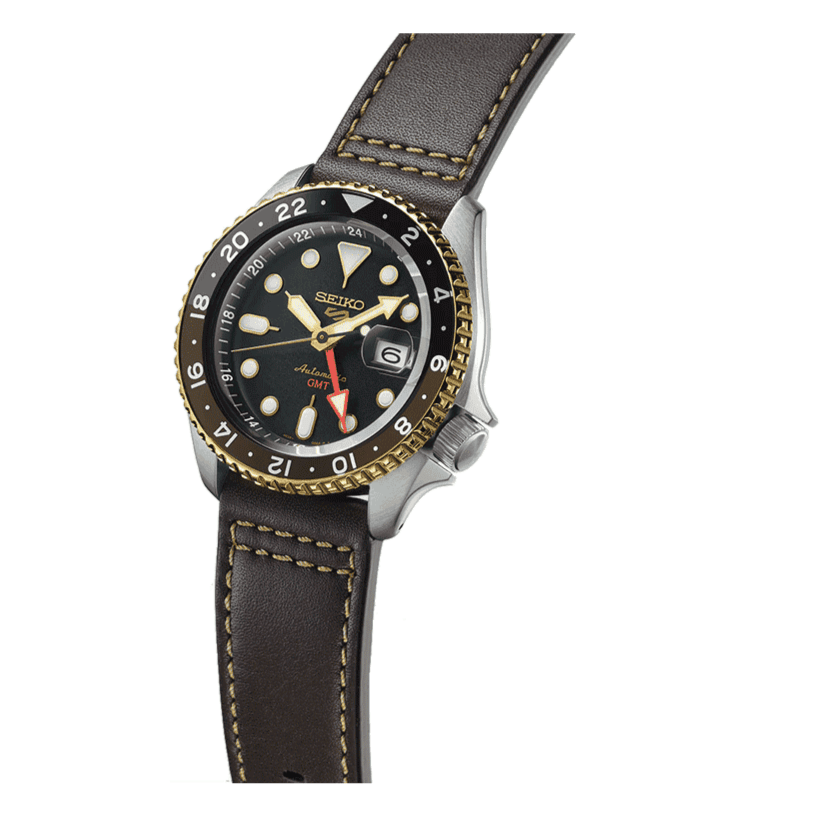 Seiko 5 Sports SKX GMT Automatic Mocha Black Dial Brown Leather Strap Watch For Men - SSK036K1
