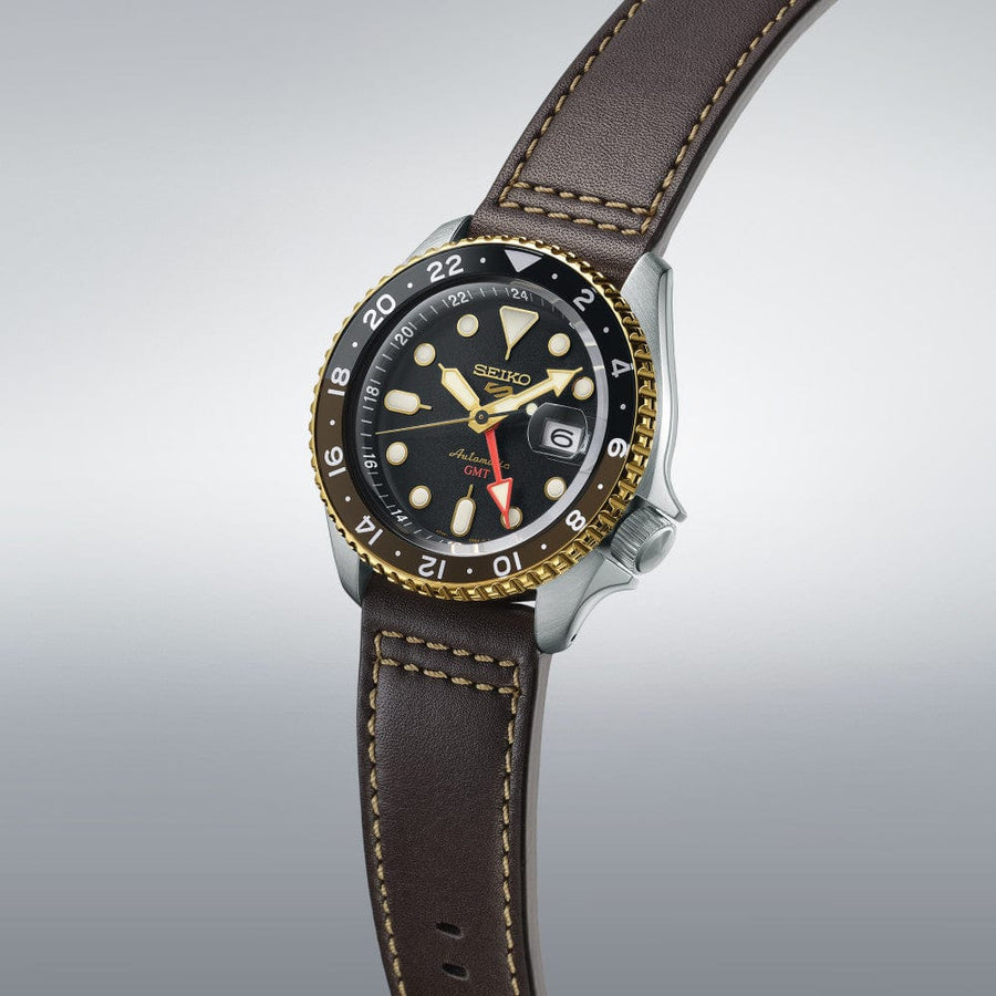 Seiko 5 Sports SKX GMT Automatic Mocha Black Dial Brown Leather Strap Watch For Men - SSK036K1