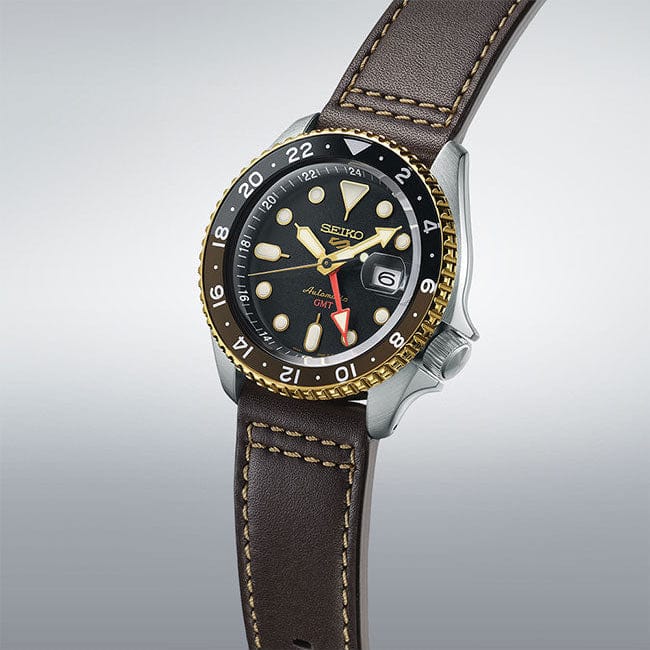 Seiko 5 Sports SKX GMT Automatic Mocha Black Dial Brown Leather Strap Watch For Men - SSK036K1