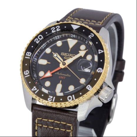 Seiko 5 Sports SKX GMT Automatic Mocha Black Dial Brown Leather Strap Watch For Men - SSK036K1