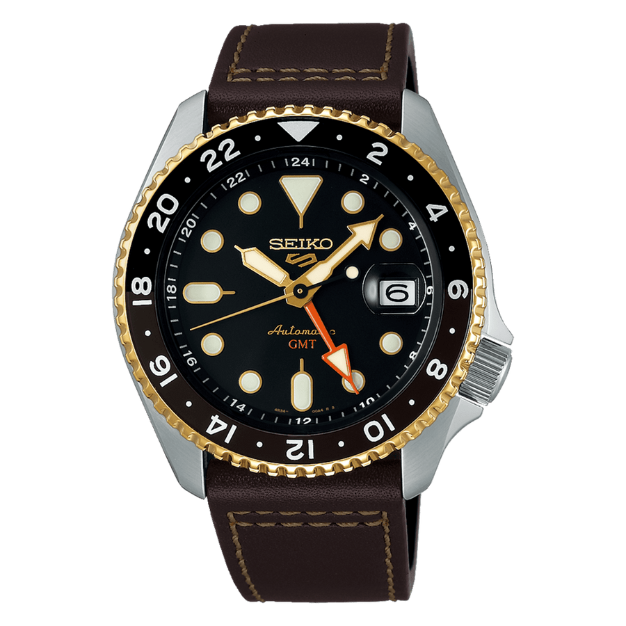 Seiko 5 Sports SKX GMT Automatic Mocha Black Dial Brown Leather Strap Watch For Men - SSK036K1