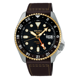 Seiko 5 Sports SKX GMT Automatic Mocha Black Dial Brown Leather Strap Watch For Men - SSK036K1