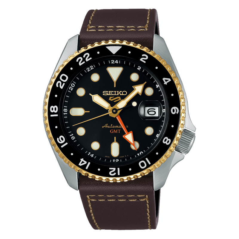 Seiko 5 Sports SKX GMT Automatic Mocha Black Dial Brown Leather Strap Watch For Men - SSK036K1