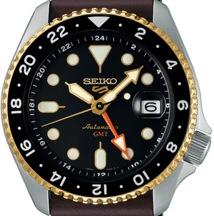 Seiko 5 Sports SKX GMT Automatic Mocha Black Dial Brown Leather Strap Watch For Men - SSK036K1