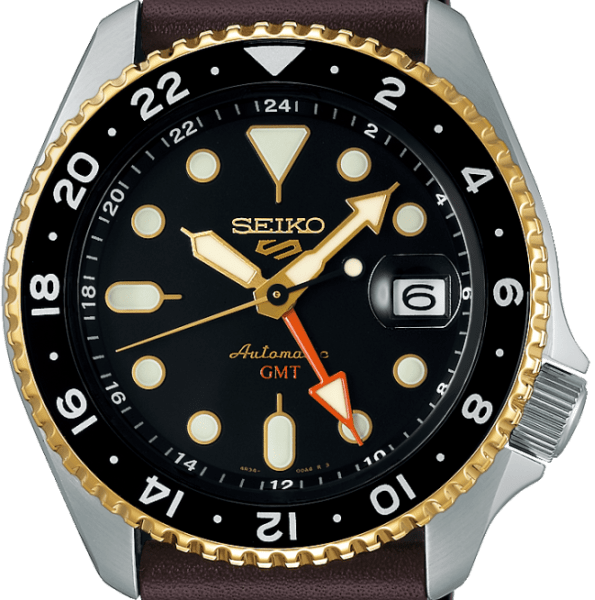Seiko 5 Sports SKX GMT Automatic Mocha Black Dial Brown Leather Strap Watch For Men - SSK036K1