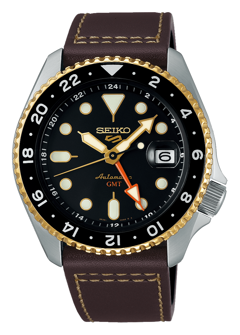 Seiko 5 Sports SKX GMT Automatic Mocha Black Dial Brown Leather Strap Watch For Men - SSK036K1