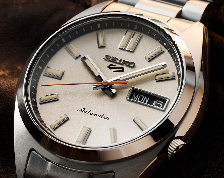 Seiko 5 Sports SNXS Series Automatic Beige Dial Silver Steel Strap Watch for Men - SRPK91K1
