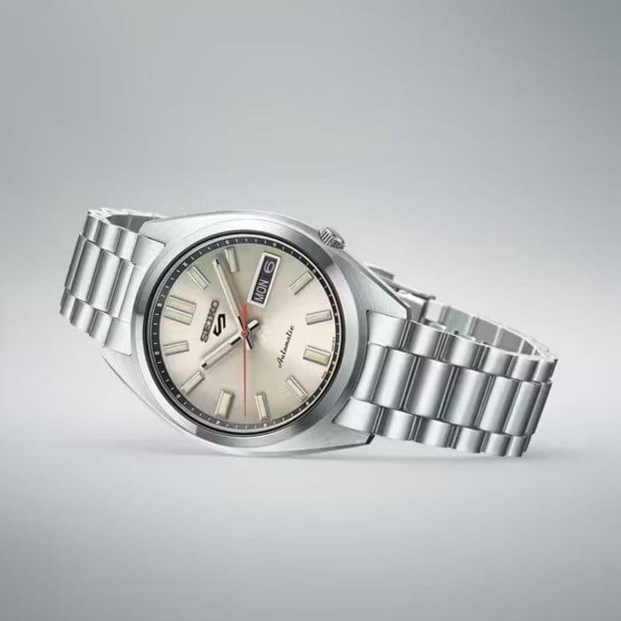 Seiko 5 Sports SNXS Series Automatic Beige Dial Silver Steel Strap Watch for Men - SRPK91K1