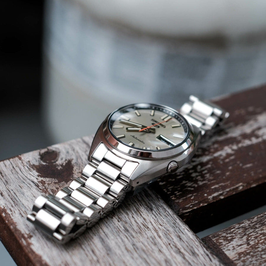 Seiko 5 Sports SNXS Series Automatic Beige Dial Silver Steel Strap Watch for Men - SRPK91K1