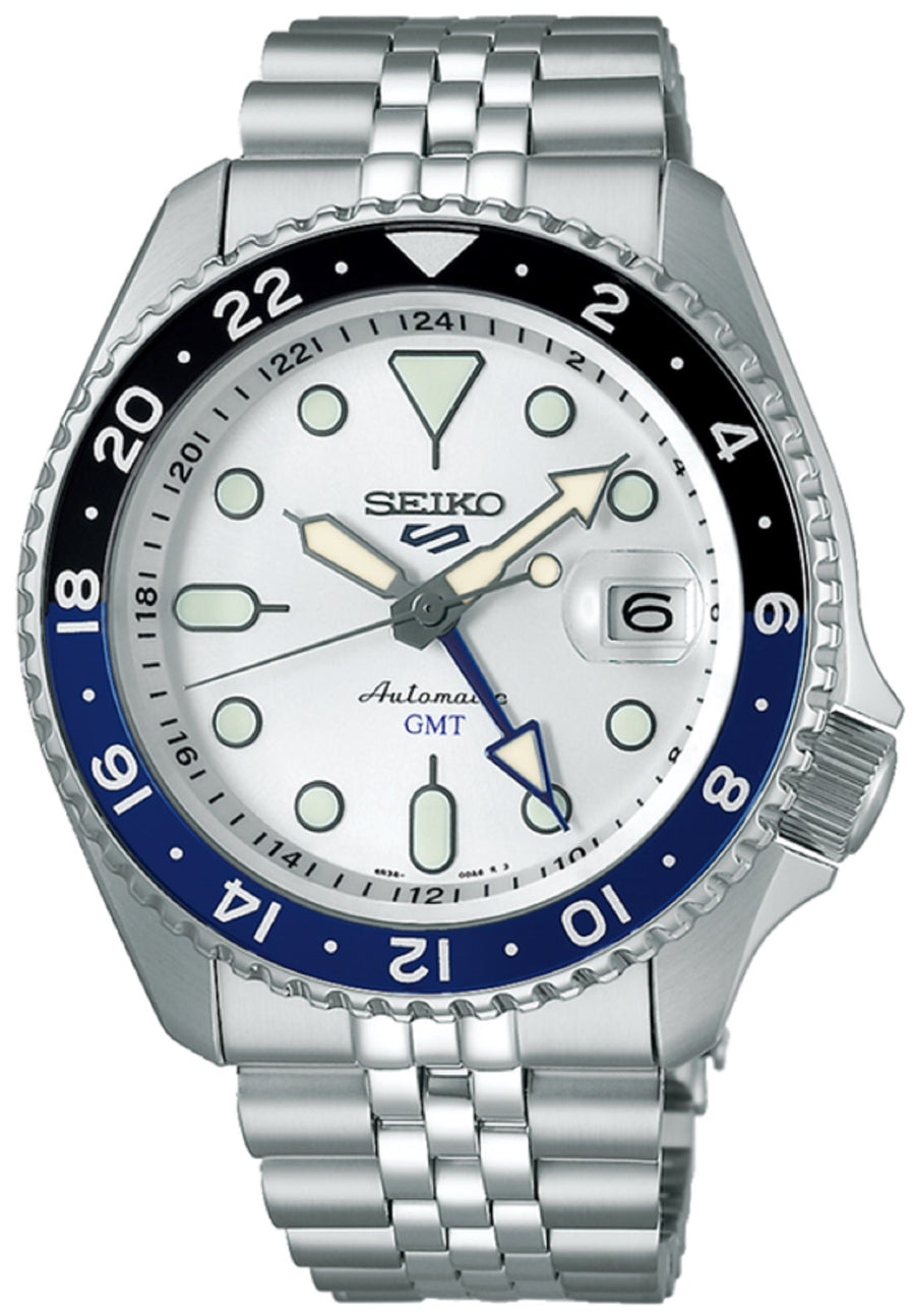 Seiko 5 Sports SKX GMT Automatic Sky Blue Dial Silver Steel Strap Watch For Men - SSK033K1