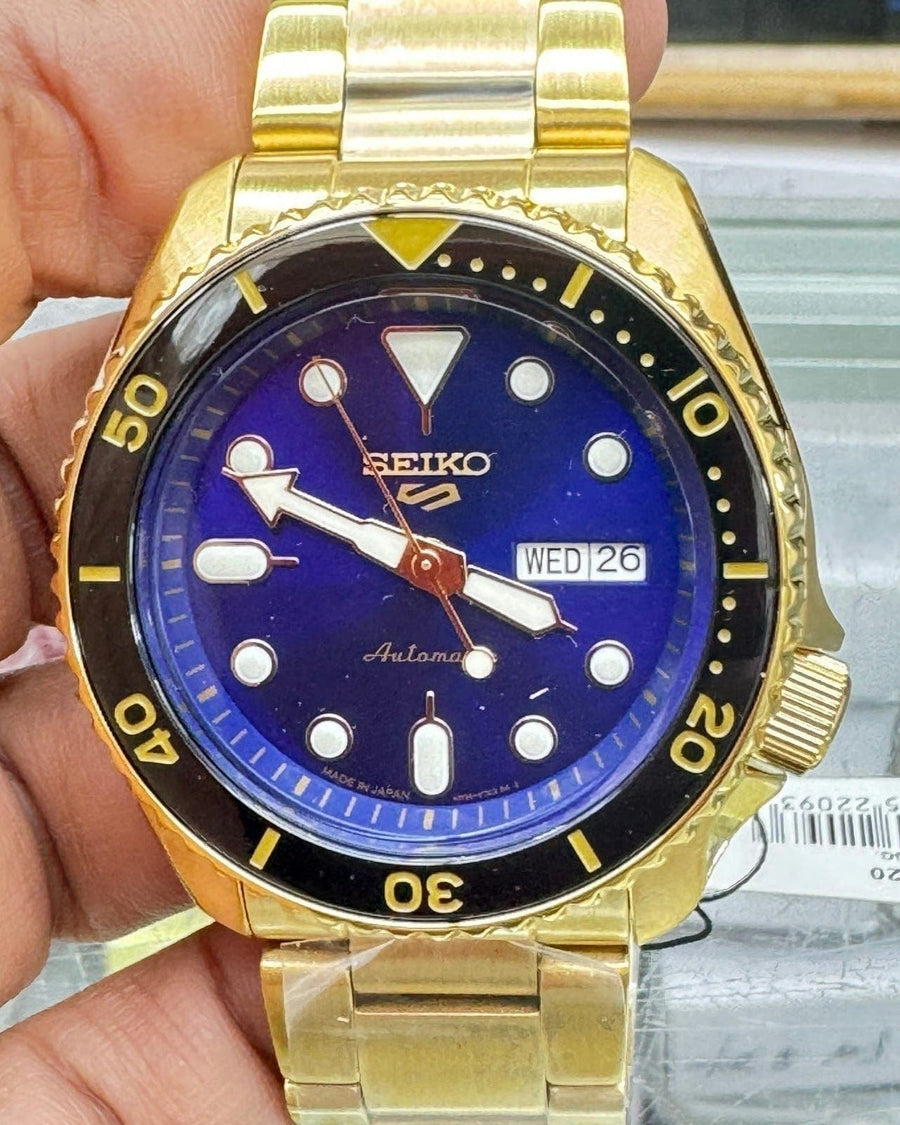 Seiko 5 Sports US Special Edition Automatic Blue Dial Gold Steel Strap Watch For Men - SRPK20